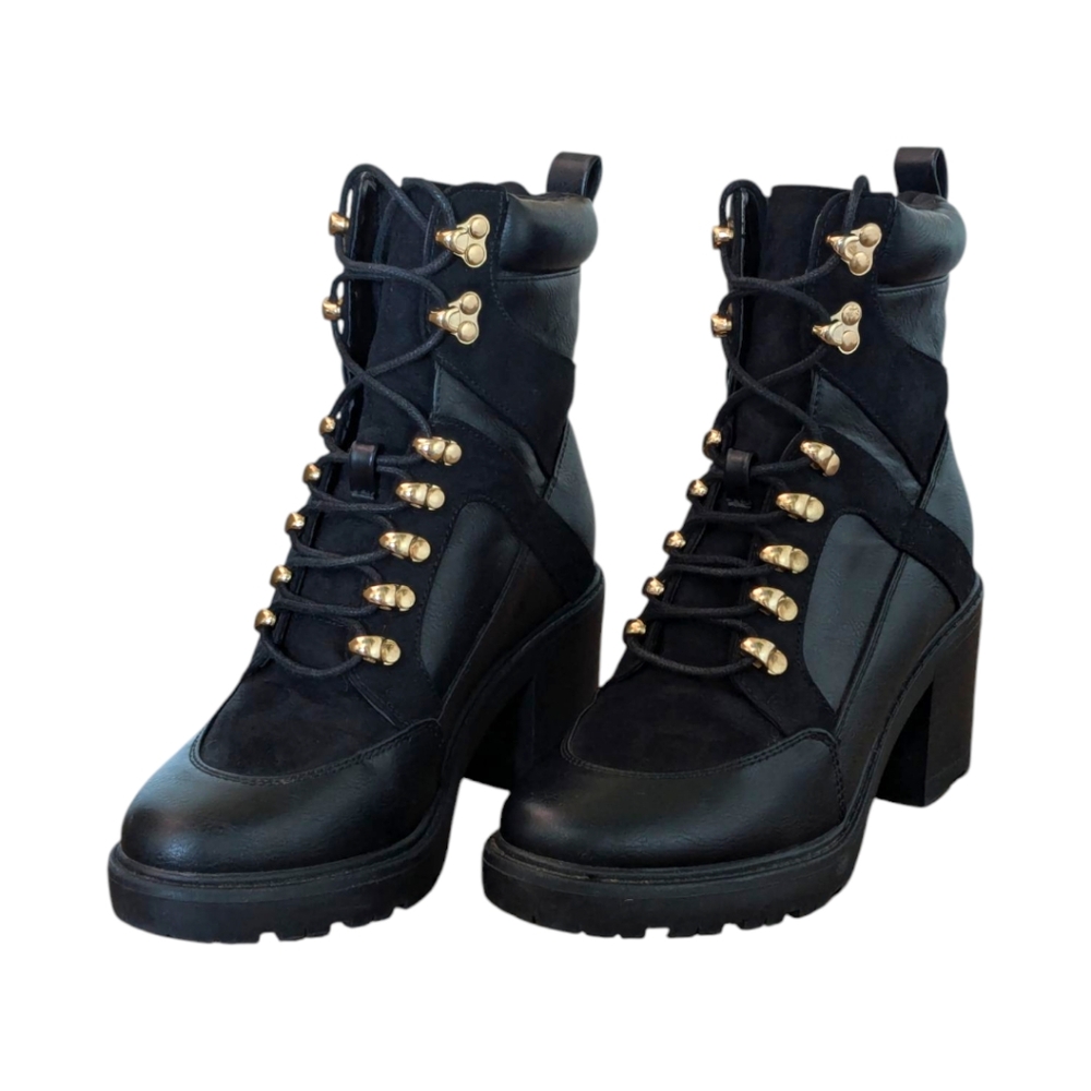 Shoe Dazzle Edde Black Lace Up Heeled Boots Size 6.5